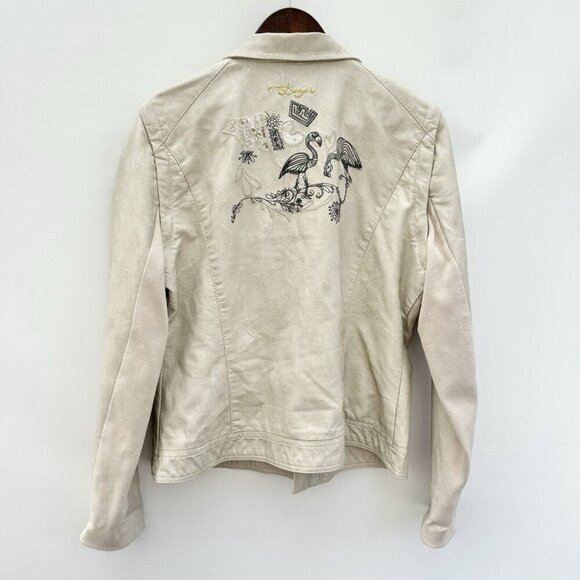 Desigual Faux Leather Biker Jacket Removable Sleeves And Collar Embroidered XL - Picture 2 of 16